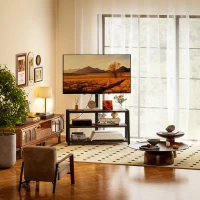HOMCOM Meuble TV avec support pour téléviseurs de 32-70 pouces, étagères ouvertes, angle ajustable 35°, 108x41x135cm, marron(m-8)