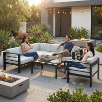 Outsunny 5-Piece Garden Corner Sofa Set with Cushions, 6 Seater Aluminium Garden Furniture Set with Coffee Table, Light Grey(m-8)