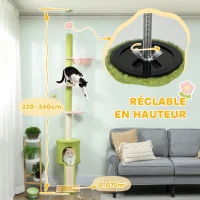 PawHut Arbre à chat du sol au plafond 5 niveaux hauteur réglable 220-240 cm plateformes fleur avec griffoir niche hamac vert(m-4)