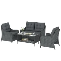 Outsunny 4-Piece Wicker Patio Furniture Set with 2 Armchairs, Loveseat, Glass Coffee Table, Conversation Sofa Set, Dark Grey(m-11)