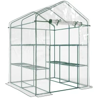 Outsunny Serre de jardin avec étagères 3 niveaux, serre de balcon, châssis en acier, porte zippée enroulable, pour légumes plantes fleurs, intérieur et extérieur, 143x143x195cm, transparent(m-12)