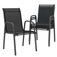 Outsunny Set 4 Sedie Impilabili e Traspiranti con Braccioli e Schienale Alto, in Metallo e Poliestere, 51L x 69P x 87A cm, Nero(m-11)