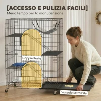 PawHut Gabbia Gatti a 4 Livelli con Amaca, Letto, Rampe e Piattaforme in Metallo con Ruote e Vassoio Estraibile, Nero(m-7)