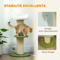 PawHut Arbre à chat à fleurs à 3 niveaux, tonneau à gratter pour chats plateforme et balle poteau en sisal, Ø 45 x 92 cm, vert(m-6)