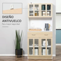 HOMCOM Alacena de Cocina con 4 Puertas de Vidrio Encimera Abierta Cajón Estantes Ajustables 80x40x180 cm Blanco y Natural(m-7)
