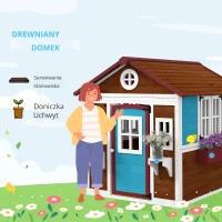 Drewniany domek dla dzieci z oknem, kwietnikiem i drzwiami(m-4)