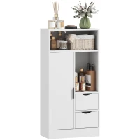 HOMCOM Meuble de salle de bain, meuble de rangement étroit avec 2 tiroirs, compartiments ouverts, 50x25x100cm, blanc(m-11)