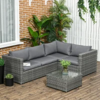 Outsunny 3 Pieces PE Rattan Garden Furniture Set with 10 cm Thick Cushions, 4 Seater Garden Corner Sofa Set with Glass Top Coffee Table, Outdoor Furniture for Patio, Porch, Grey(m-2)