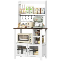 HOMCOM Alacena de Cocina con 6 Ganchos para Tazas 2 Puertas de Vidrio Estantes Abiertos 80x40x152 cm Blanco(m-11)
