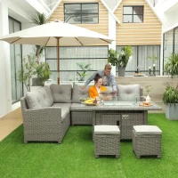 Outsunny 8-Seater Outdoor PE Rattan Sofa Set Conversation Set w/ Fire Pit Table, L-Shape Sofa, Footstool and Furniture Cover(m-2)