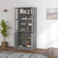 HOMCOM Bibliothèque vitrine, meuble de rangement à 6 niveaux avec 4 portes dont 2 en verre trempé, étagères réglables, gris(m-7)