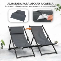 Outsunny Conjunto de 2 Espreguiçadeiras Dobráveis de Alumínio com Encosto Ajustável em 5 Posições e Apoio de Cabeça 60x100x85 cm Cinzento(m-7)