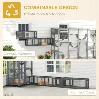 PawHut Cat Tunnel, 250cm Extra Long Wooden Cat Play Tunnel with 8 Doors, L-shape/Rectangle, Outdoor Cat Enclosure, Dark Grey(m-4)