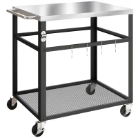 Outsunny Desserte jardin chariot de barbecue sur roulettes plateau en acier inoxydable étagère crochets, 82 x 55 x 79 cm, noir(m-12)