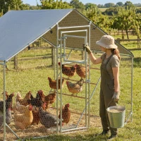 PawHut Enclos poulailler extérieur parc grillagé 6 m² avec perchoir et mangeoire acier galvanisé Ø25mm 300x200x195cm argent(m-6)