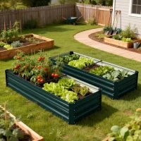 Outsunny Jardinière rectangulaire potager de jardin en acier galvanisé bordure de sécurité et fond ouvert 150x70x30cm vert(m-9)