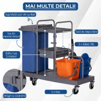 HOMCOM Căruț de curățenie cu 3 rafturi, sac pentru gunoi și storcător, 111x63.3x103 cm, gri-albastru și portocaliu(m-5)
