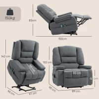 HOMCOM Fotoliu Reclinabil cu Funcție de Ridicare și 8 Puncte de Masaj, din Material Textil cu Efect de In, 97x90x102 cm, Gri(m-3)