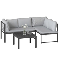 Outsunny Salon de Jardin Mobilier de Terrasse 3 Pièces 4 Places Modulable avec Accoudoir Réglable Coussins Épais 16cm Gris