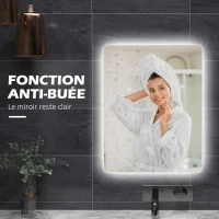 kleankin Miroir rectangulaire mural lumineux LED de salle de bain 80 x 60 cm luminosité réglable blanc transparent(m-7)