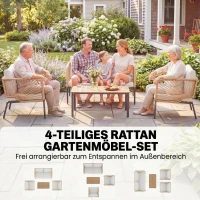 Outsunny Gartenmöbel Set Sitzgruppe für 4 Personen Gartenlounge mit 2er Sofa 2 Sessel Lamell-Tisch Seilflecht waschbar Sitzkissen(m-4)