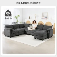 HOMCOM Narożna sofa w kształcie U, sofa z sprężynami kieszeniowymi, wyściełane podłokietniki, ruchomy szezlong, sztruks, 292x224x85 cm, ciemnoszary(m-7)