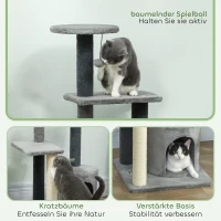 PawHut Kratzbaum 103 cm Katzenbaum mit Katzenhöhle, Plattformen, Sisal-Kratzsäulen, Plüschball für Katzen bis 5 kg, Grau(m-6)