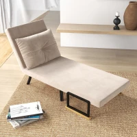 HOMCOM Fauteuil convertible 3 en 1 lit 1 place dossier 5 positions, accoudoirs en bois et coussin, tissu effet velours, beige(m-10)