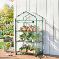 Outsunny Mini serre de jardin avec 3 étagères, bâche PVC haute densité, porte enroulable 4 roulettes 69 x 49 x 130 cm transparent(m-2)