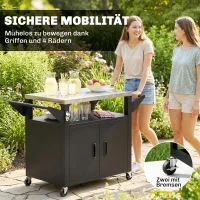 Outsunny Küchenwagen mit Rollen, Servierwagen, Rollwagen mit Schrank, Griffe, Edelstahloberfläche 117 x 55 x 78 cm Schwarz(m-6)