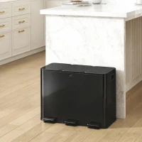 HOMCOM Poubelle de cuisine 45L avec 3 compartiments de 15L, couvercle, seaux intérieurs amovibles, 3 x 15L, noir(m-10)
