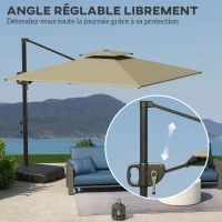 Outsunny Parasol déporté carré 2,5 x 2,5 m, parasol de jardin extérieur avec manivelle, 2 bases incluses, 8 baleines, gris clair(m-5)