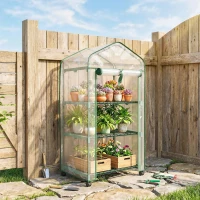 Outsunny Mini serre de jardin avec 3 étagères, bâche PVC haute densité, porte enroulable 4 roulettes 69 x 49 x 130 cm transparent(m-10)