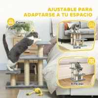 PawHut Escalera para Gatos de 3 Peldaños Altura Ajustable con Postes Rascadores y Bola Colgante Carga 10 kg 52x34,5x54 cm Gris(m-5)