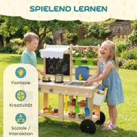AIYAPLAY Matschküche Kinder Outdoor, Spielküche aus Holz mit echtem Wasserhahn, Spüle, Herd, Ablagefach, Wassertank, Naturholz(m-8)