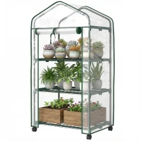Outsunny Mini serre de jardin avec 3 étagères, bâche PVC haute densité, porte enroulable 4 roulettes 69 x 49 x 130 cm transparent(m-1)