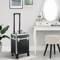 HOMCOM Valise trolley maquillage mallette cosmétique vanity poignée télescopique réglable 34L x 24l x 52H cm alu. noir(m-10)