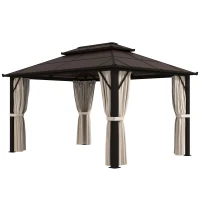 Outsunny 3 x 4m Hardtop Gazebo Canopy with UPF30+ Double Polycarbonate Roof, Aluminium Frame Garden Gazebo Permanent Pavilion with Mosquito Netting and Curtains for Patio, Deck, Beige(m-11)