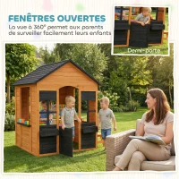 AIYAPLAY Cabane enfant extérieur en bois, maison enfant extérieure, demi-porte, fenêtres, bacs à fleurs, 3-8 ans, marron clair(m-6)