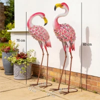 Outsunny Flamingo Gartenstatuen Set aus 2, Florale Feder-Metallvögel, Stehende Skulpturen mit Bodenankern, Rot(m-3)