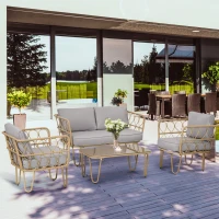 Outsunny Ensemble salon de jardin canapé 2 places + 2 fauteuils + 1 table basse plateau verre trempé 7 coussins gris(m-10)