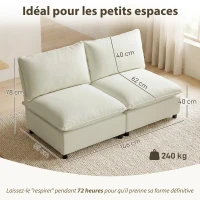 HOMCOM Canapé 2 places modulable, canapé de salon moderne 146 cm sans accoudoirs avec assise large, coussins épais, crème(m-3)