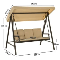 Outsunny Hollywoodschaukel Gartenschaukel Schaukelbank, verstellbares Sonnendach, 200 cm x 125 cm x 175 cm, Beige + Braun(m-3)