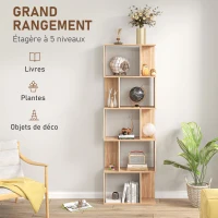 HOMCOM Bibliothèque à 5 niveaux, meuble de rangement en forme de S avec étagères, 60 x 24 x 184,5 cm, effet bois naturel(m-4)