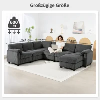 HOMCOM Ecksofa U-Form Sofa Couch mit Federpolsterung gepolsterte Armlehnen beweglicher Ottomane Cord 292x224x85 cm Dunkelgrau(m-7)