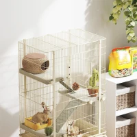PawHut Cage pour lapin enclos à 4 niveaux avec 2 portes 3 rampes plateau profond roulettes 69 x 44 x 120 cm beige(m-8)