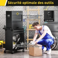 HOMCOM Servante d'atelier en acier verrouillable, chariot à outils sur roulettes 3 en 1 avec 6 tiroirs et panneau perforé, noir(m-7)