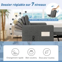 HOMCOM Canapé convertible 2 places 3 en 1 canapé-lit avec lit gigogne double dossier réglable 2 coussins 80,5x137,5x84cm gris(m-5)