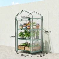 Outsunny Mini serre de jardin avec 3 étagères, bâche PVC haute densité, porte enroulable 4 roulettes 69 x 49 x 130 cm transparent(m-3)