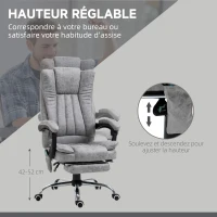 HOMCOM Fauteuil de bureau massant chauffant fauteuil bureau confortable hauteur réglable dossier inclinable repose-pied revêtement synthétique gris(m-4)